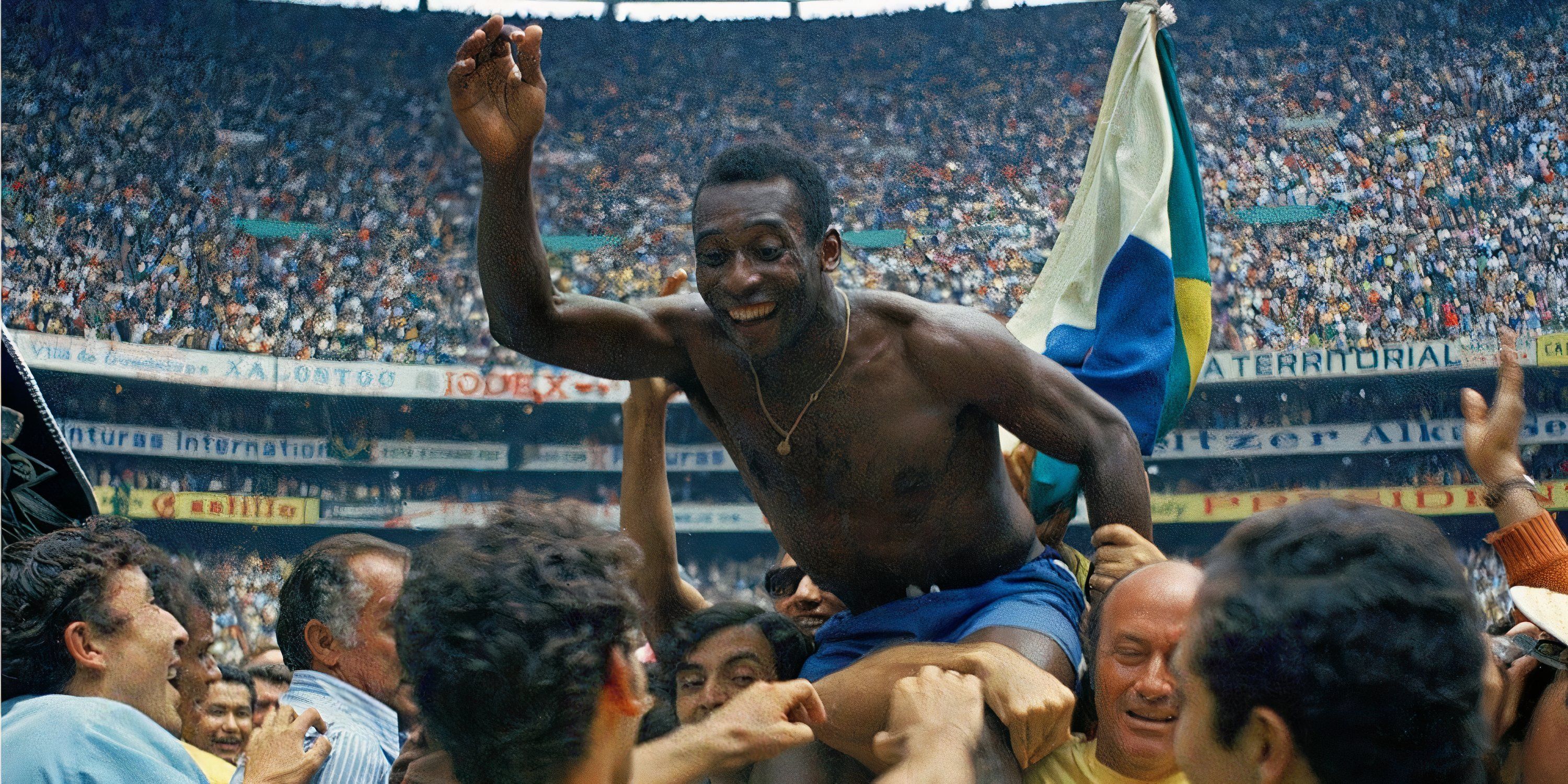 Pele is lifted up by his team-mates after Brazil's 1970 World Cup success.