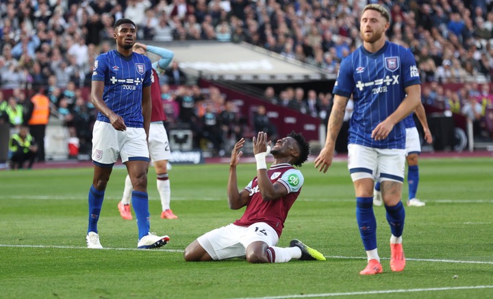 West Ham United's Mohammed Kudus after hitting the post in the first half during the Premier League match between West Ham United FC and Ipswich To...