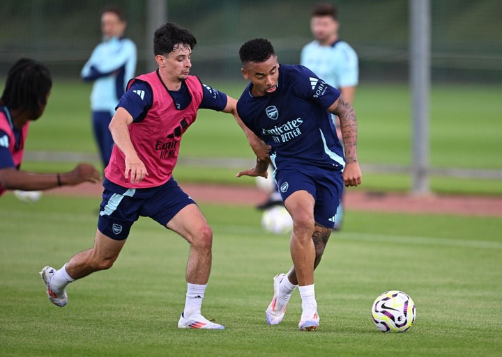 (L-R) Charlie Patino and Gabriel Jesus of Arsenal during a training session at Sobha Realty Training Centre on July 16, 2024 in London Colney, Engl...