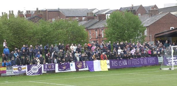 700 City of Liverpool FC fans at the 2024 play off v Prescot Cables at Prescot's Joseph Russell Stadium