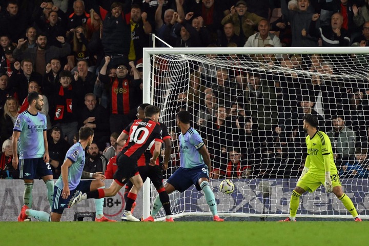 Bournemouth's Scottish midfielder #10 Ryan Christie scores his team's first goal during the English Premier League football match between Bournemou...