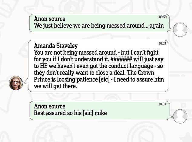 These are the messages from Amanda Staveley that have been leaked to The Telegraph. One says that 'the Crown Prince is losing patience'