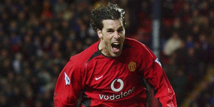 Ruud van Nistelrooy celebrates scoring for Manchester United. 