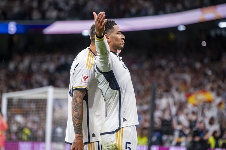 Jude Bellingham of Real Madrid (C) seen celebrating his goal...