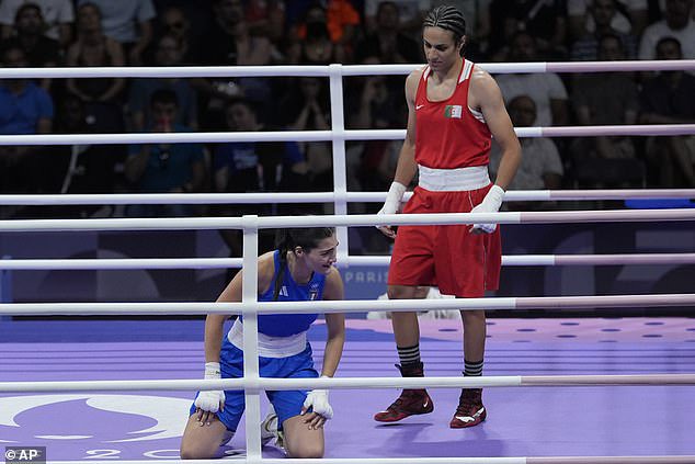 Italy's Angela Carini (blue) fought Khelif in the women's welterweight category in Paris