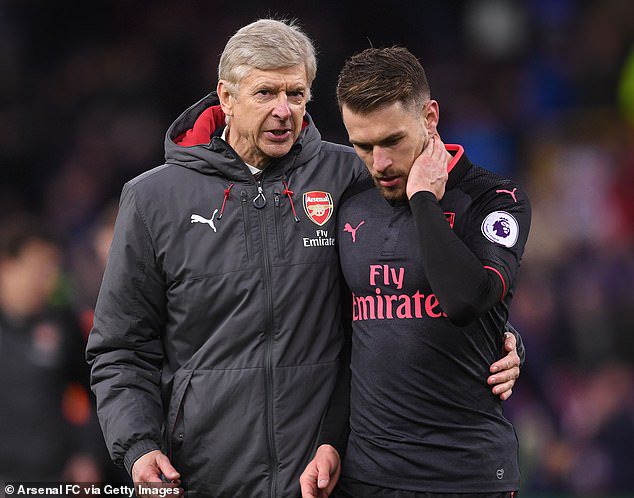 Ramsey, now 33, would go onto make over 300 appearances at Arsenal after joining Arsene Wenger (left)