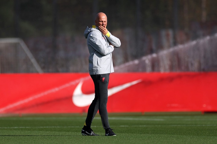 Arne Slot, Manager of Liverpool, looks on during the UEFA Champions League 2024/25 League Phase MD3 training session at AXA Melwood Training Centre...