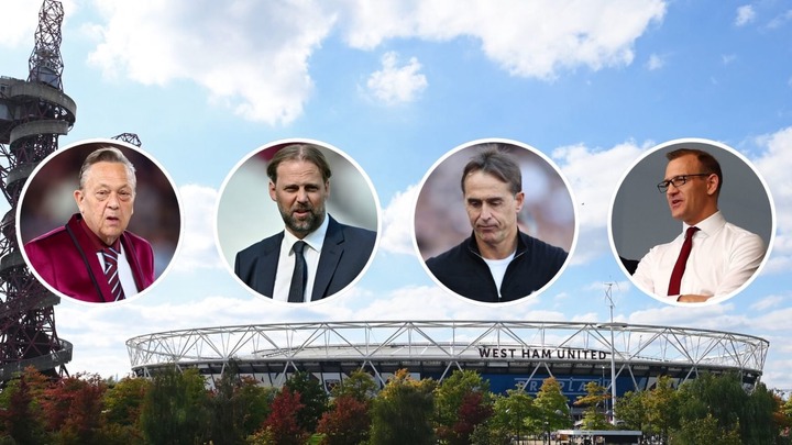 General view outside the stadium prior to the Premier League match between West Ham United FC and Ipswich Town FC. Inset, David Sullivan, Daniel Kretinsky, Tim Steidten, and Julen Lopetegui.