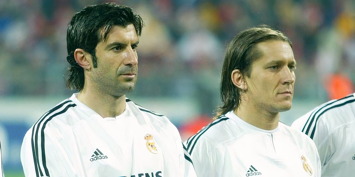 Luis Figo and Michel Salgado - Real Madrid line up before the match