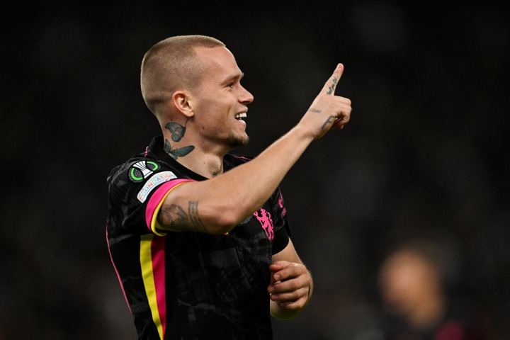 Mykhaylo Mudryk of Chelsea celebrates scoring his team's third goal during the UEFA Conference League 2024/25 League Phase MD2 match between Panath...