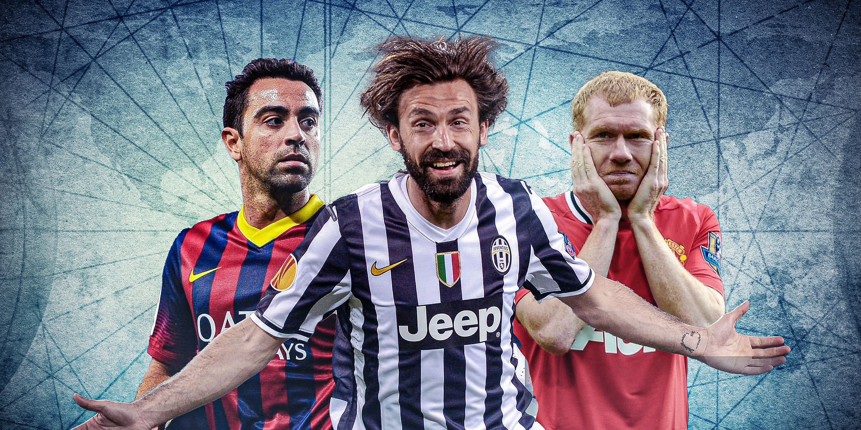 A custom image of Xavi Hernandez, Andrea Pirlo and Paul Scholes