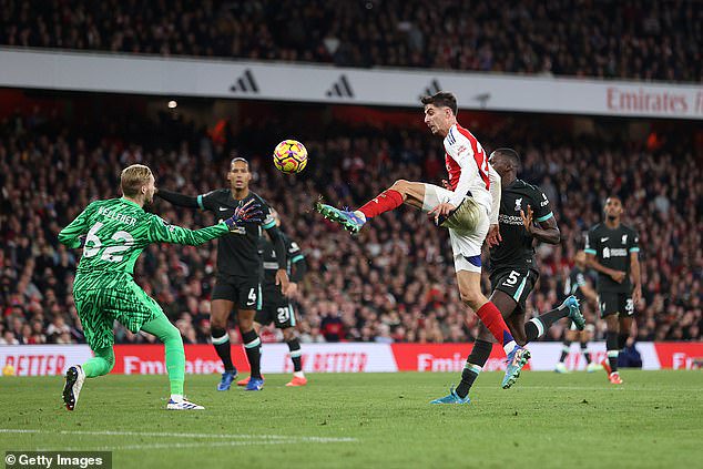 Kai Havertz then lobbed it over Liverpool goalkeeper Caoimhin Kelleher before Gabriel Jesus rushed in to prod it home