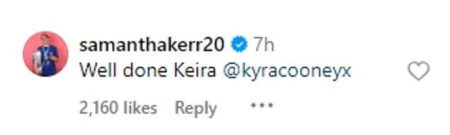 Sam Kerr posted on the Matildas official page 'well done Keira' after commentator Teo Pellizzeri mispronounced Kyra Cooney-Cross' name when calling the match