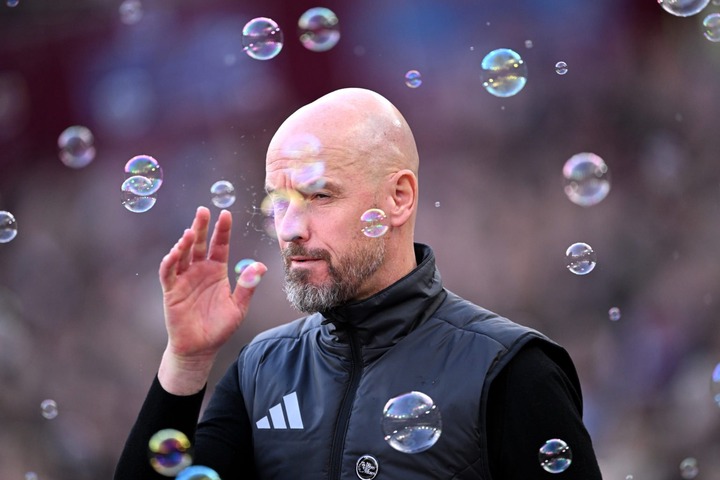 Erik ten Hag, Manager of Manchester United, reacts as he walks through bubbles as he makes his way to the Manchester United technical area prior to...