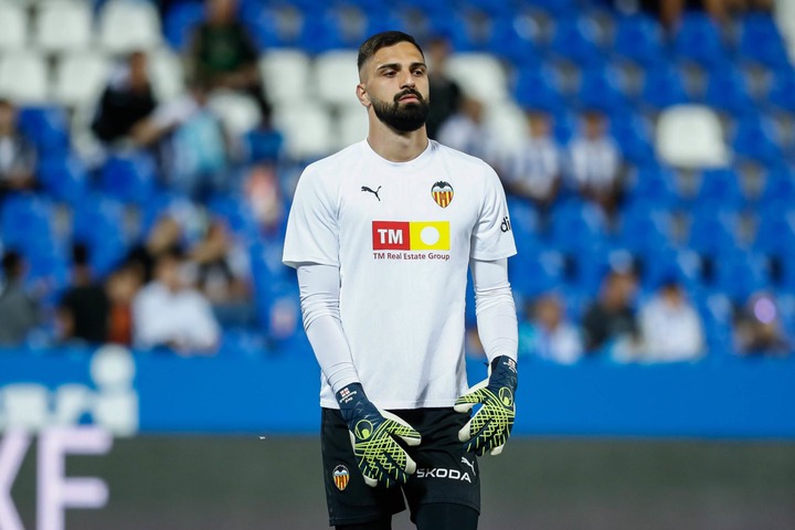 Giorgi Mamardashvili of Valencia warms up during the Spanish League, LaLiga EA Sports, football match played between CD Leganes and Valencia CF at ...