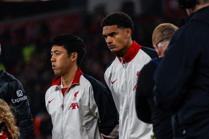 (THE SUN OUT. THE SUN ON SUNDAY OUT) Wataru Endo and Jarell Quansah of Liverpool during the Carabao Cup Third Round match between Liverpool and Wes...