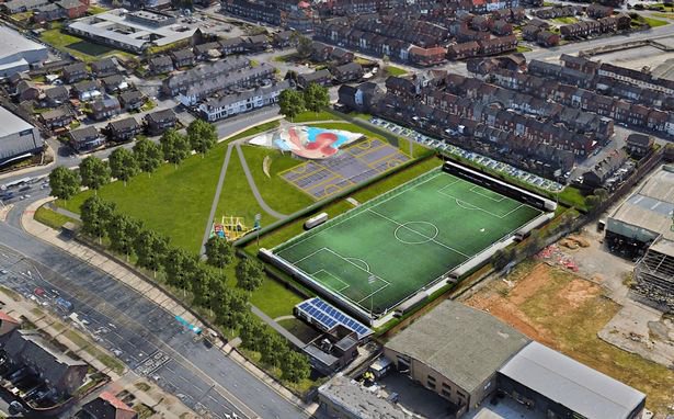 A CGI of the proposed football ground at Rathbone Park