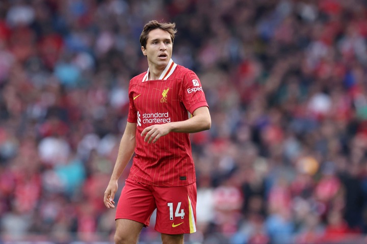 Federico Chiesa of Liverpool looks on during the Premier League match between Liverpool FC and AFC Bournemouth at Anfield on September 21, 2024 in ...