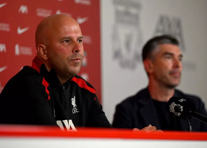 Arne Slot new head coach of Liverpool and Richard Hughes sporting director of Liverpool during their first press conference at AXA Training Centre on July 05, 2024 in Kirkby, England.