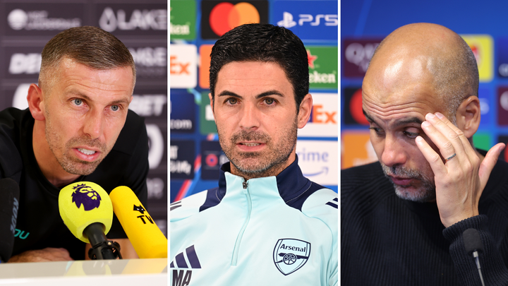 Gary O'Neil, Arteta and Guardiola at press conferences looking concerned