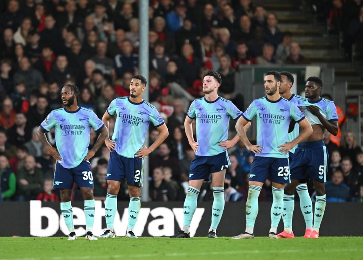 Raheem Sterling, William Saliba, Declan Rice, Mikel Merino and Thomas Partey of Arsenal reacts, as the wait for a VAR review during the Premier Lea...