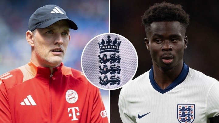 Split image of Thomas Tuchel and Bukayo Saka. Inset, the England badge.