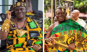 A photo collage of Osagyefo Oseadeeyo Agyeman Badu II and Otumfuo Osei Tutu II