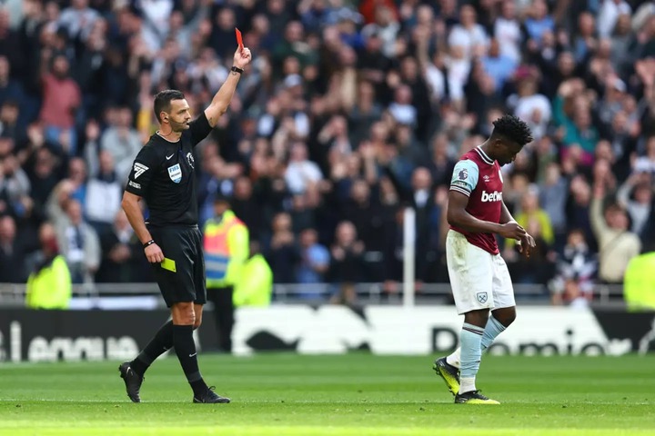 West Ham United's Mohammed Kudus was sent off in the 86th minute of the Premier League clash with Tottenham Hotspur. (Image: Getty)