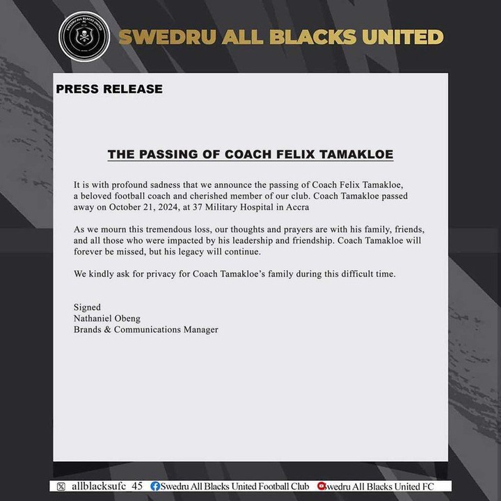 Statement on Felix Tamakloe's demise