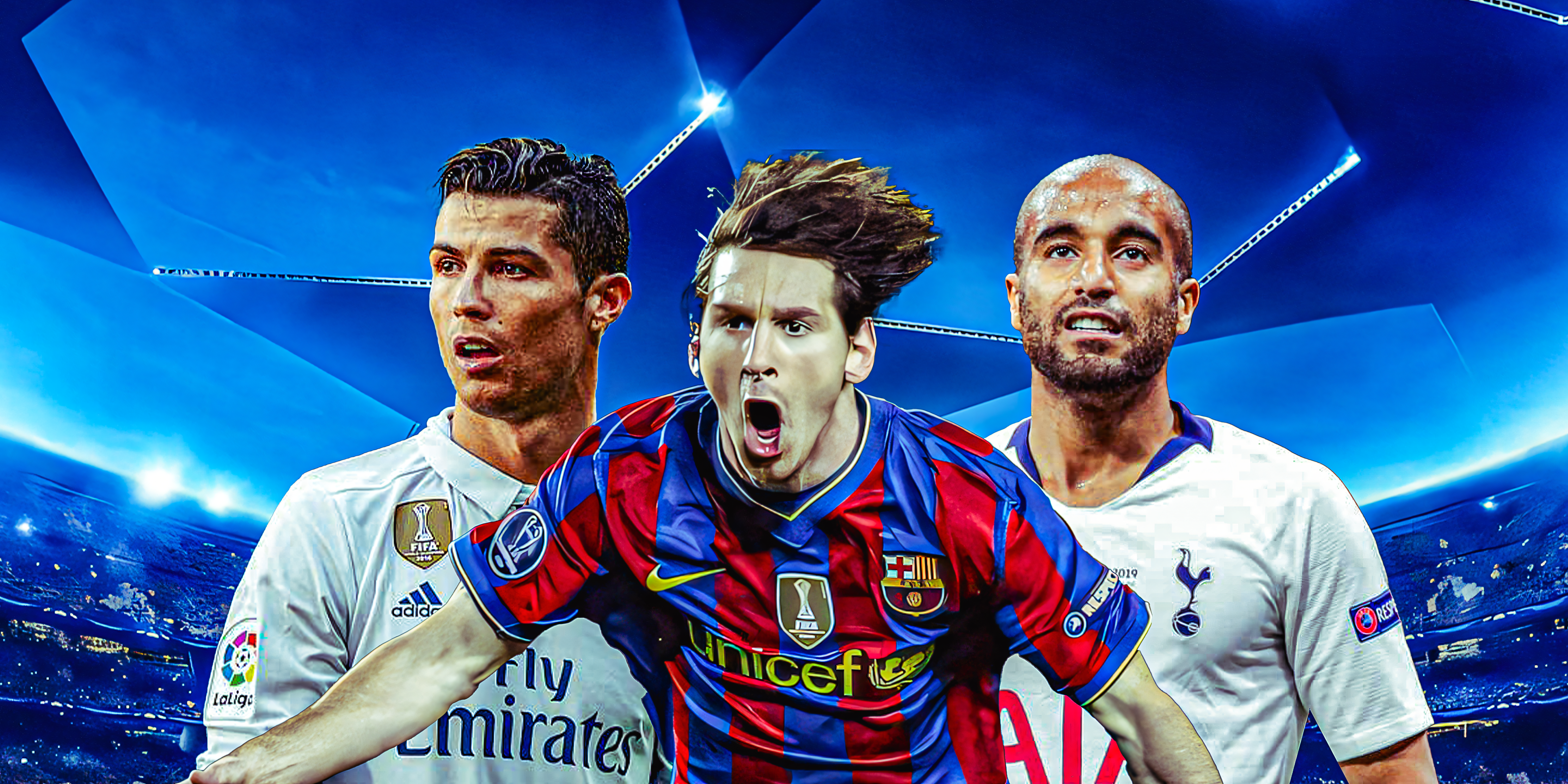 Real Madrid's Cristiano Ronaldo, Barcelona's Lionel Messi and Tottenham's Lucas Moura