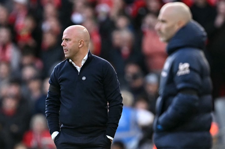 Liverpool's Dutch manager Arne Slot watches the players from the touchline during the English Premier League football match between Liverpool and C...