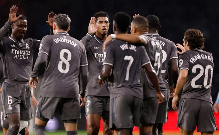 VIGO, SPAIN - OCTOBER 19: Real Madrid players celebrate after scoring a goal during the La Liga match between RC Celta de Vigo and Real Madrid CF at Estadio Balaidos on October 19, 2024 in Vigo, Spain. (Photo by Antonio Villalba/Real Madrid via Getty Images)