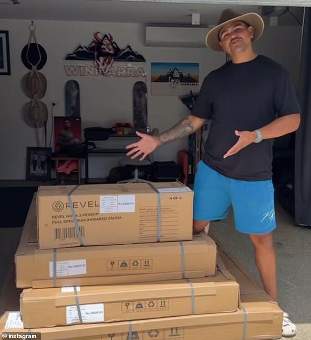 Latrell Mitchell is pictured with the sauna he's installing at his home as he turns it into a training base in the off-season