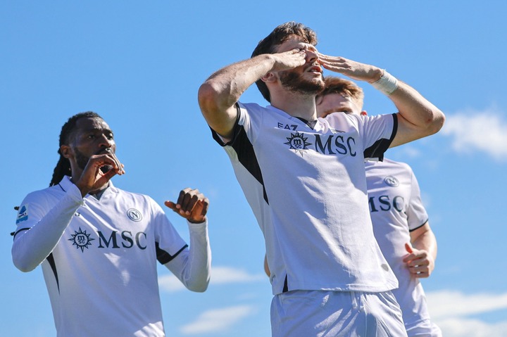 Khvicha Kvaratskhelia celebrates with teammates after scoring a goal during the Serie A match between Empoli FC and SSC Napoli in Empoli, Italy, on...