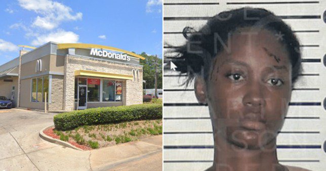 (L) The outside view of a McDonald's restaurant in Jackson, Mississippi. (R) Destiny Gibson's mugshot shows her giving no expression and looking away.