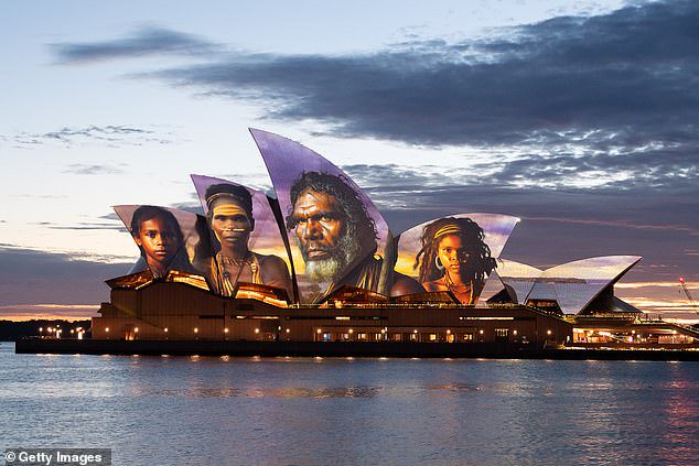 The sails of the Sydney Opera House are illuminated by a projection of indigenous artwork on January 26 this year. This Friday, a display to welcome King Charles and Queen Camilla to Australia will include a four-minute looping montage of images from previous royal visits