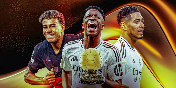 Jude Bellingham, Vinicius Junior and Lamine Yamal with the Ballon d'Or