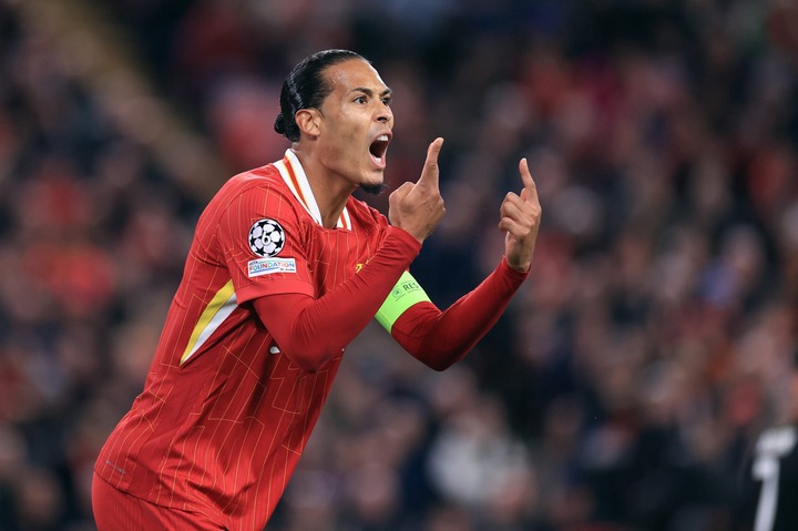 Virgil van Dijk of Liverpool shouts at colleagues during the UEFA Champions League 2024/25 League Phase MD2 match between Liverpool FC and Bologna ...