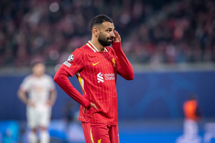 Mohamed Salah of Liverpool FC reacts during the UEFA Champions League 2024/25 League Phase MD3 match between RB Leipzig and Liverpool FC at Leipzig...