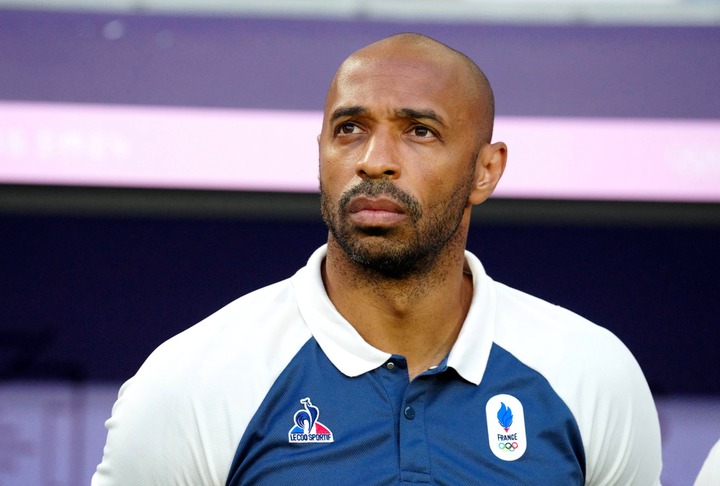 Thierry Henry, Head Coach of Team France looks on prior to the Men's Quarterfinal match between France and Argentina during the Olympic Games Paris...