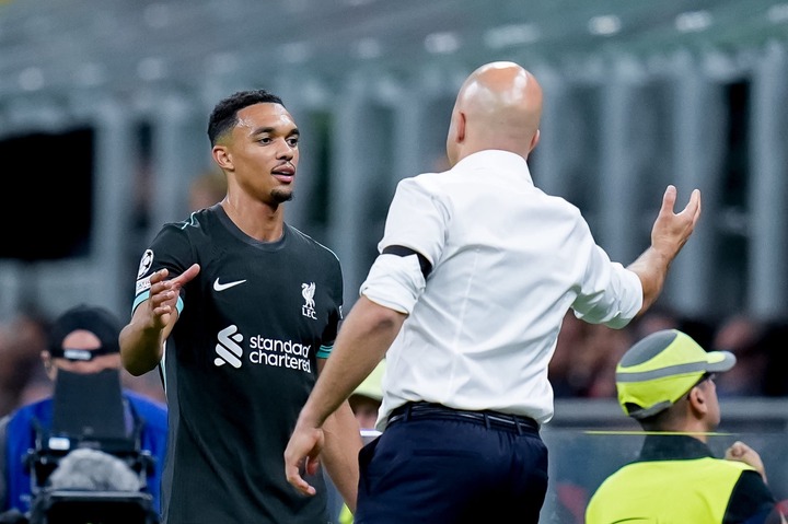 Trent Alexander-Arnold of Liverpool FC and Arne Slot head coach of Liverpool FC during the UEFA Champions League 2024/25 League Phase MD1 match bet...