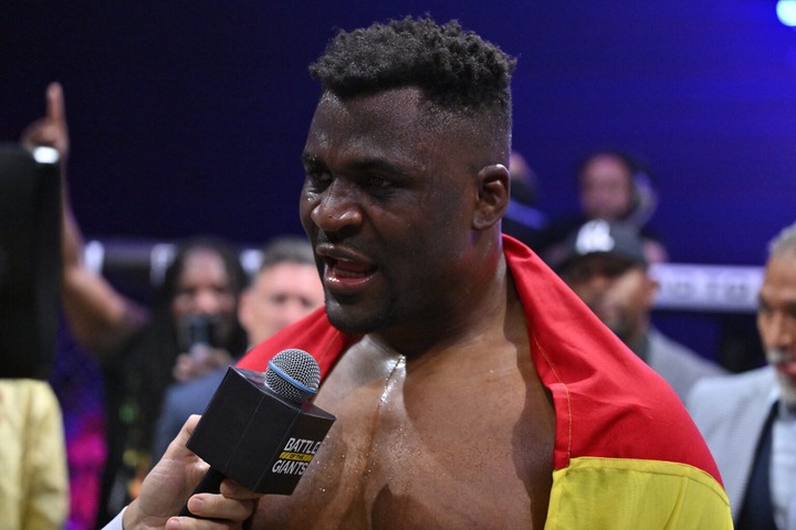 Francis Ngannou of Cameroon defeats Renan Ferreira (not seen) of Brazil during a match organized by Professional Fighters League MENA in Riyadh, Sa...