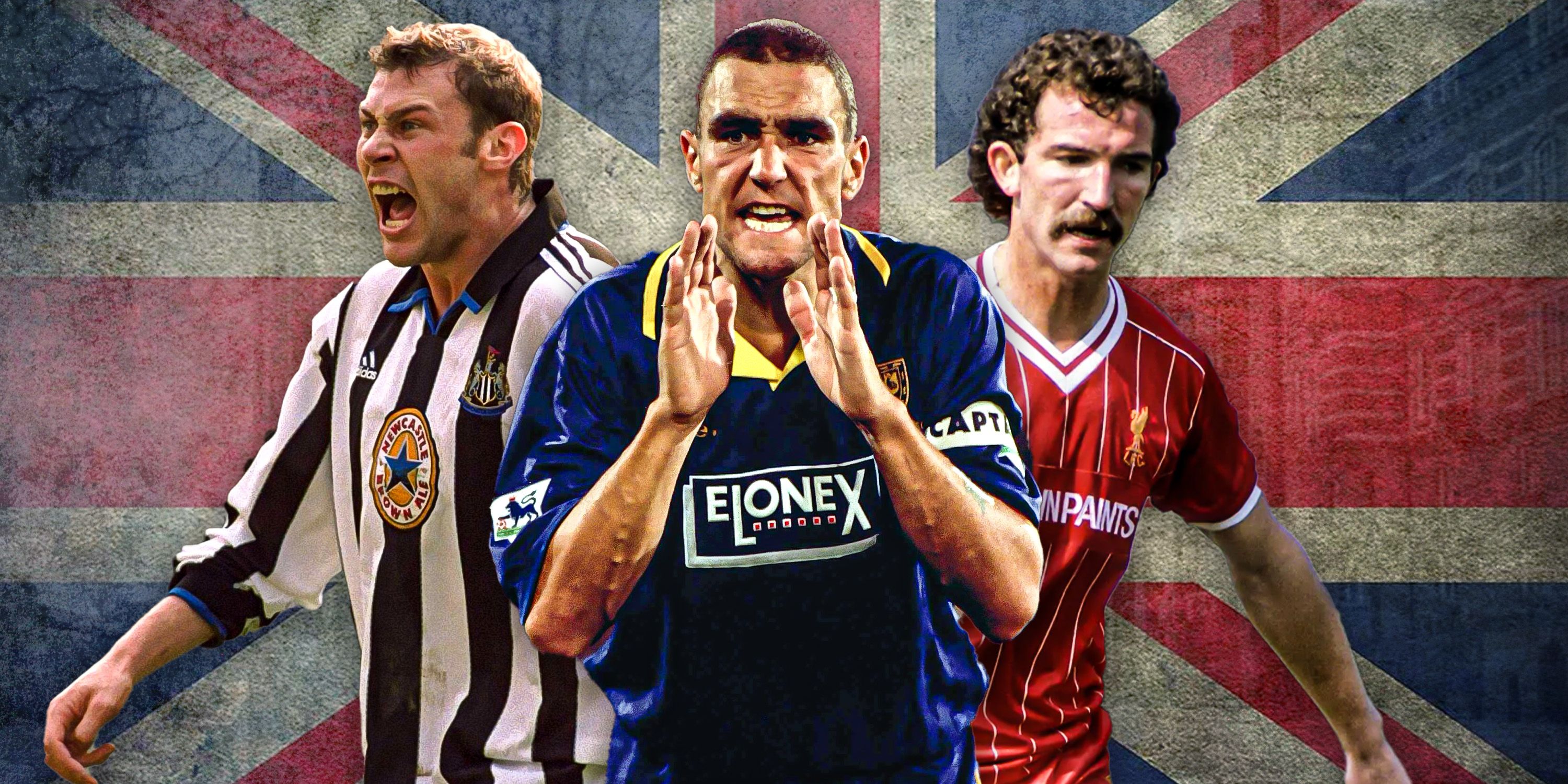 Duncan Ferguson, Graeme Souness and Vinnie Jones - all looking angry in their playing days - with Union Jack background