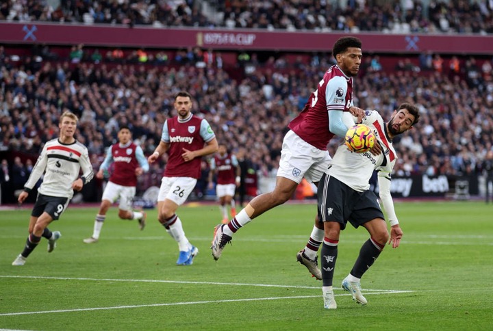 Bruno Fernandes of Manchester United and Jean-Clair Todibo of West Ham United  during the Premier League match between West Ham United FC and Manch...