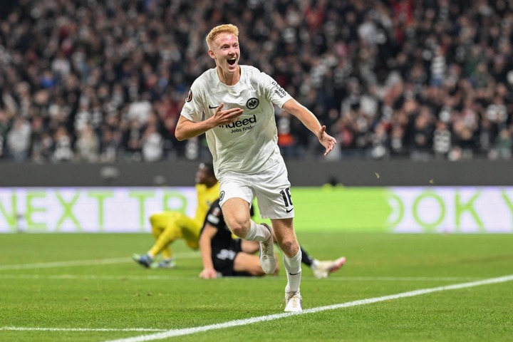 Hugo Larsson of Eintracht Frankfurt celebrates after scoring his team’s first goal during the UEFA Europa League 2024/25 League Phase MD3 match bet...