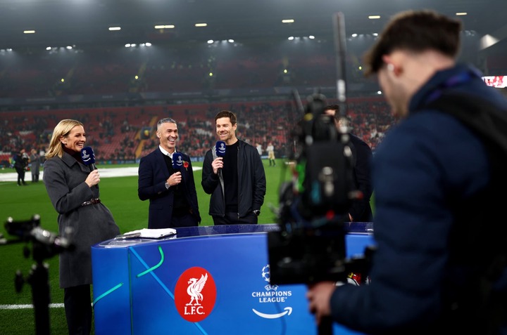 Xabi Alonso, Head Coach of Bayer 04 Leverkusen, is interviewed by Gabby Logan and Luis Garcia on Amazon Prime Video prior to the UEFA Champions Lea...