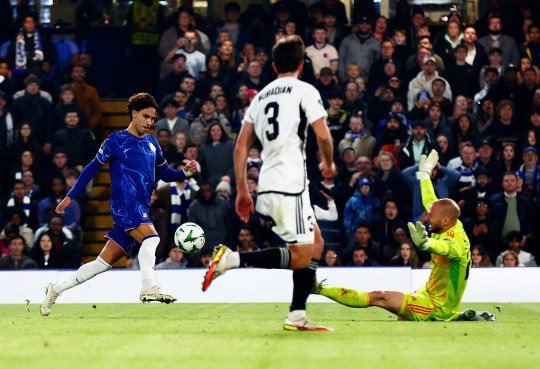 Joao Felix of Chelsea celebrates scoring his team's sixth goal during the UEFA Conference League 2024/25 League Phase MD3 match between Chelsea FC and FC Noah at Stamford Bridge on November 07, 2024 in London, England