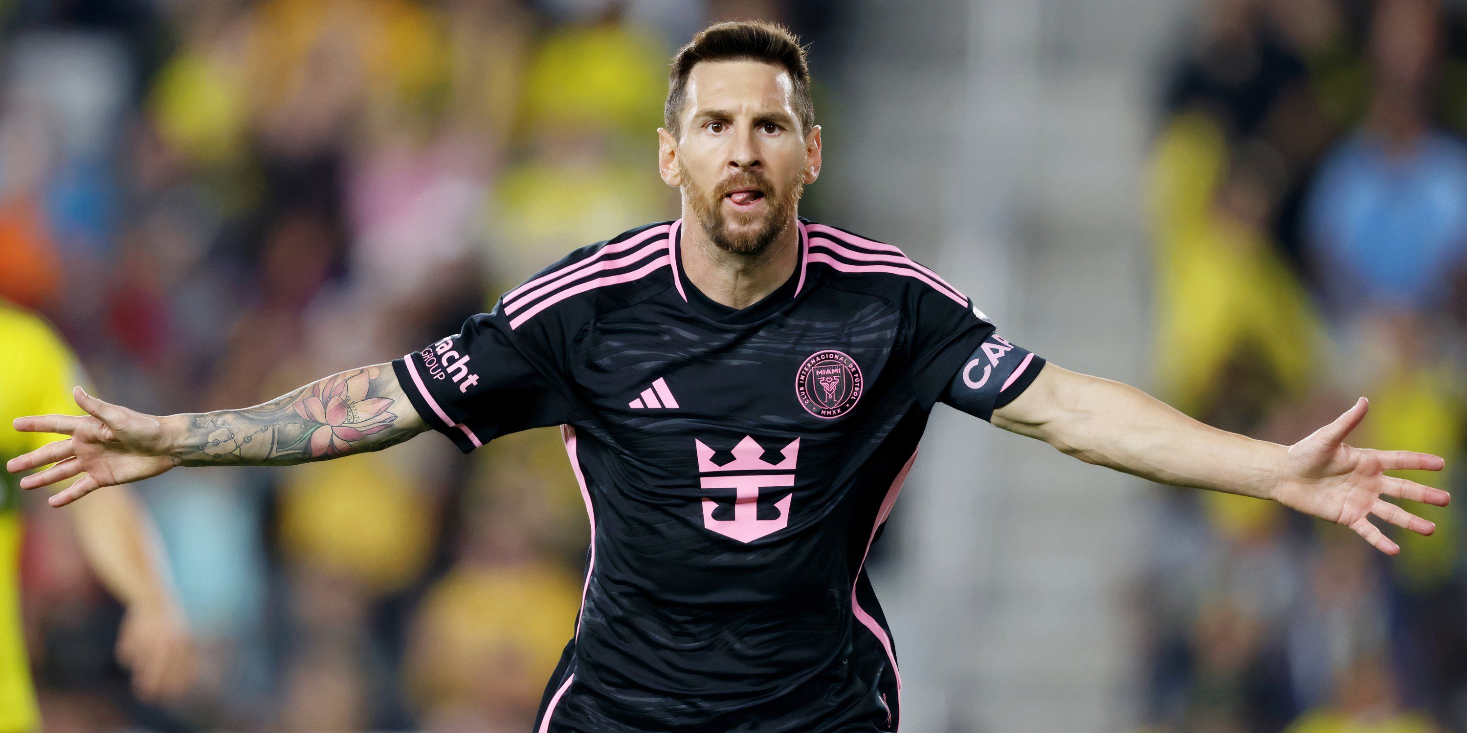 Lionel Messi celebrates scoring for Inter Miami