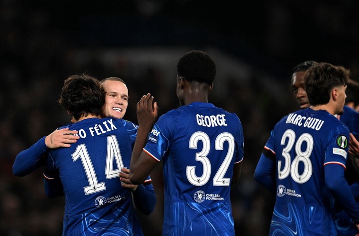 Mykhaylo Mudryk of Chelsea celebrates scoring his team's fifth goal with teammates during the UEFA Conference League 2024/25 League Phase MD3 match...