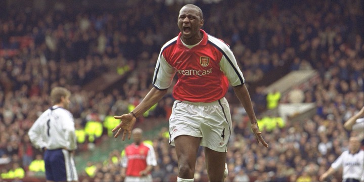 Arsenal's Patrick Vieira celebrates scoring against Tottenham. 